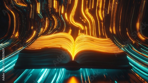 A glowing open book with swirling luminous patterns around it 