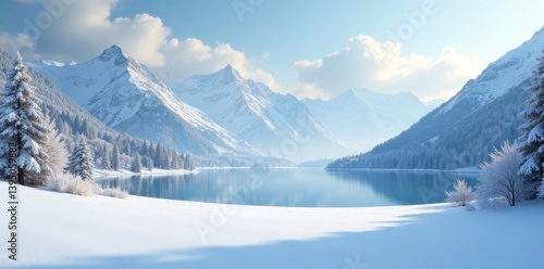 Wallpaper Mural Serene Winter Landscape Snow-Covered Mountains Encircling a Tranquil, Icy Lake, Pristine and Peaceful Winter Wonderland Torontodigital.ca