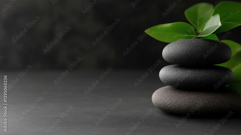 Zen stones and leaves on dark surface