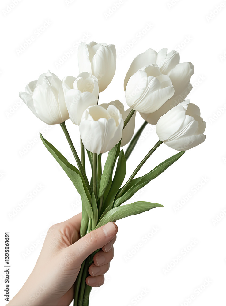 Fototapeta premium Hand Holding Bouquet of White Tulips