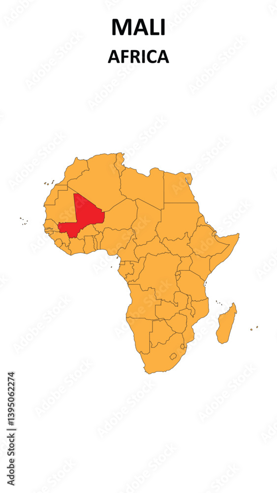 Obraz premium Mali Map is highlighted on the Africa with detailed state and region outlines.