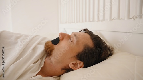 Man Sleeping on His Back with Black Mouth Tape in Bright White Bedroom, Nose Breathing and Anti Snoring Concept