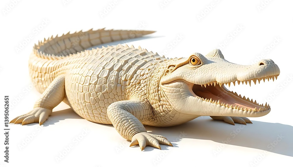 Fototapeta premium Albino Alligator Relaxing on White Background with Open Mouth