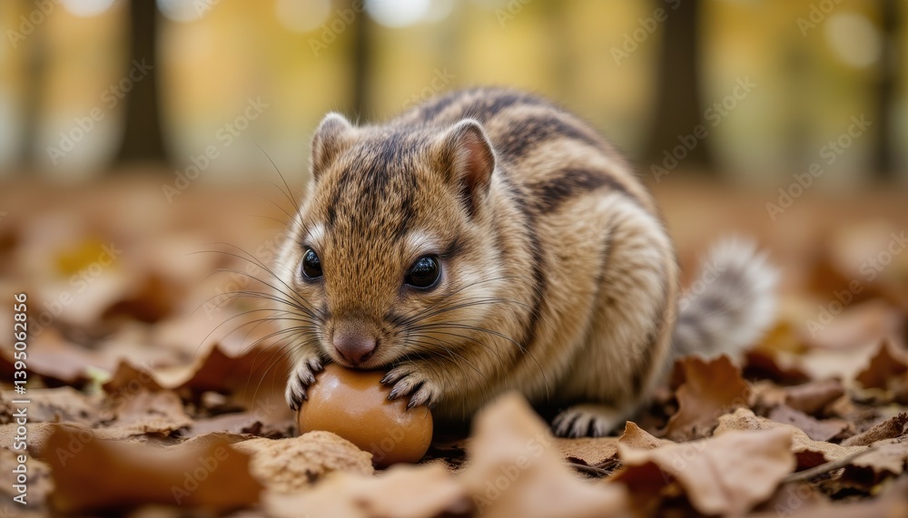 Cute small mammal playing with acorn in autumn forest. Cute small mammal playing with acorn in autumn forest.