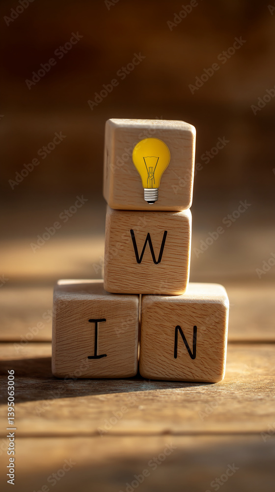Wooden cubes spelling WIN, topped with a lightbulb image, symbolize success, achievement, and innovative ideas, ideal for business or motivational concepts Wooden cubes spelling WIN, topped with a lightbulb image, symbolize success, achievement, and innovative ideas, ideal for business or motivational concepts