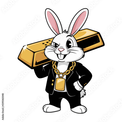 Rabbit Riches: An anthropomorphic rabbit, styled in a formal suit and gold chain, confidently holds a golden bar, radiating opulence and success. The illustration suggests wealth and prosperity.