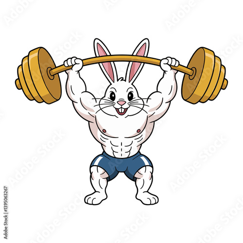 Strong Bunny: A cartoon bunny, a symbol of strength and determination, lifts a barbell, showcasing the values of health and fitness in a playful visual representation.