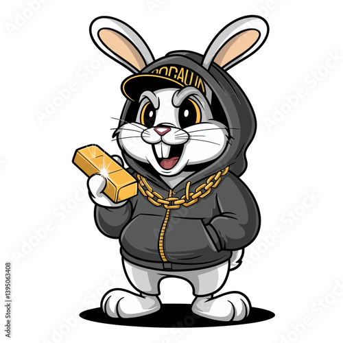 Rabbit with Gold Bar: A stylish cartoon rabbit proudly displays a gold bar, adorned in a fashionable hoodie, a snapback, and a golden chain, embodying wealth and confidence. 