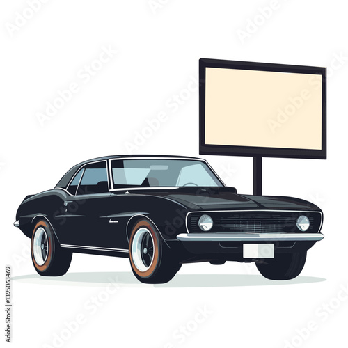 Black Classic Muscle Car Beside Blank Billboard