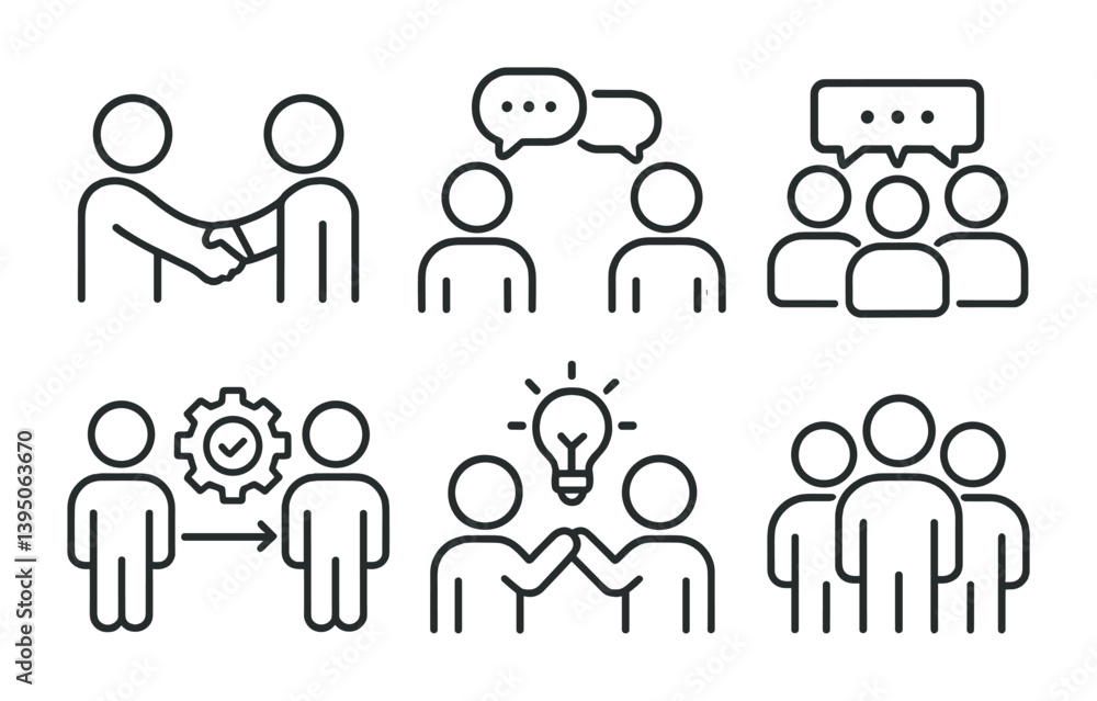 Business communication icon set - linear style with team, networking, and leadership concepts Business communication icon set - linear style with team, networking, and leadership concepts