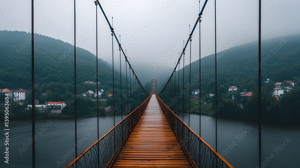 Obraz premium Misty Mountain Suspension Bridge Wooden Path Landscape