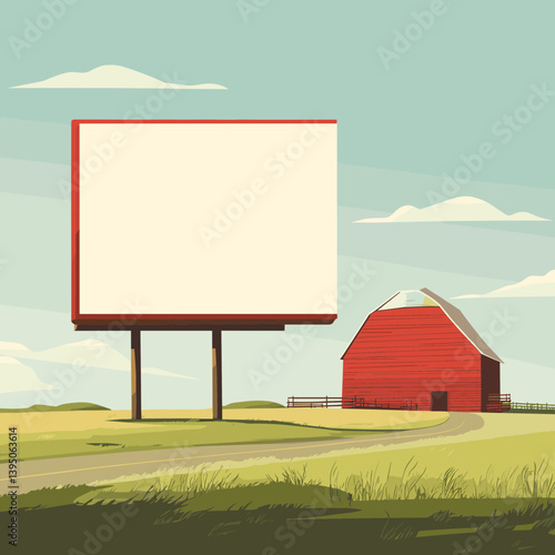 Blank Billboard and Red Barn in a Rural Landscape