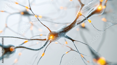 Close-up of glowing neuron synapses with vibrant neurotransmitters in microscopic brain scan, neural network and brain activity concept, neuroscience and medical research.