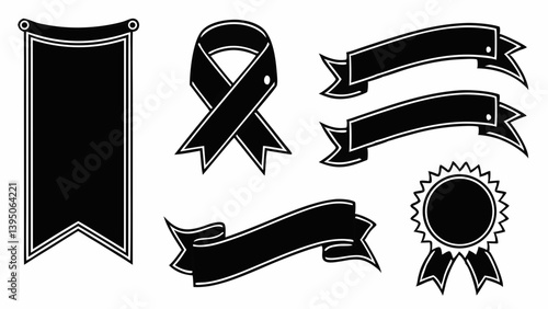 Collection of Black and White Ribbon and Banner Designs Perfect for Awards, Events, and More