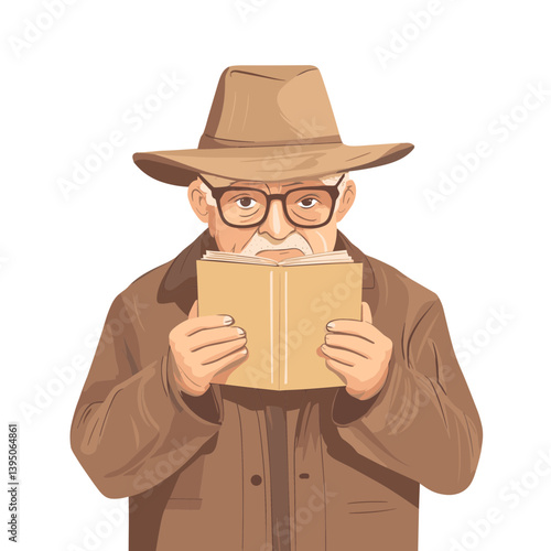 Elderly Man in Brown Hat Reading a Book