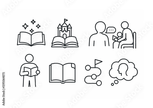 Linear icons set: reading and storytelling theme featuring books and conversations