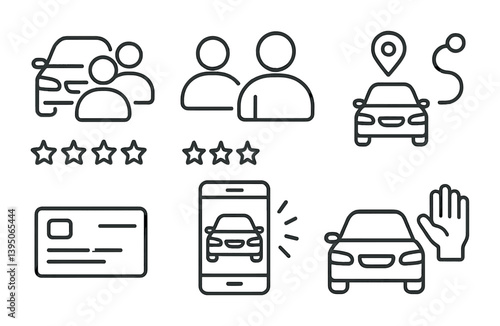 Carpool and ride-sharing linear icon set – navigation and communication tools