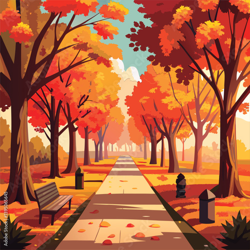 Autumn park path with colorful trees.