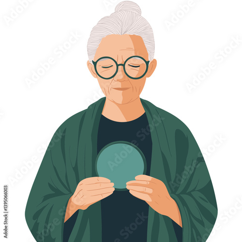 Serene Elderly Woman Contemplating Teal Object