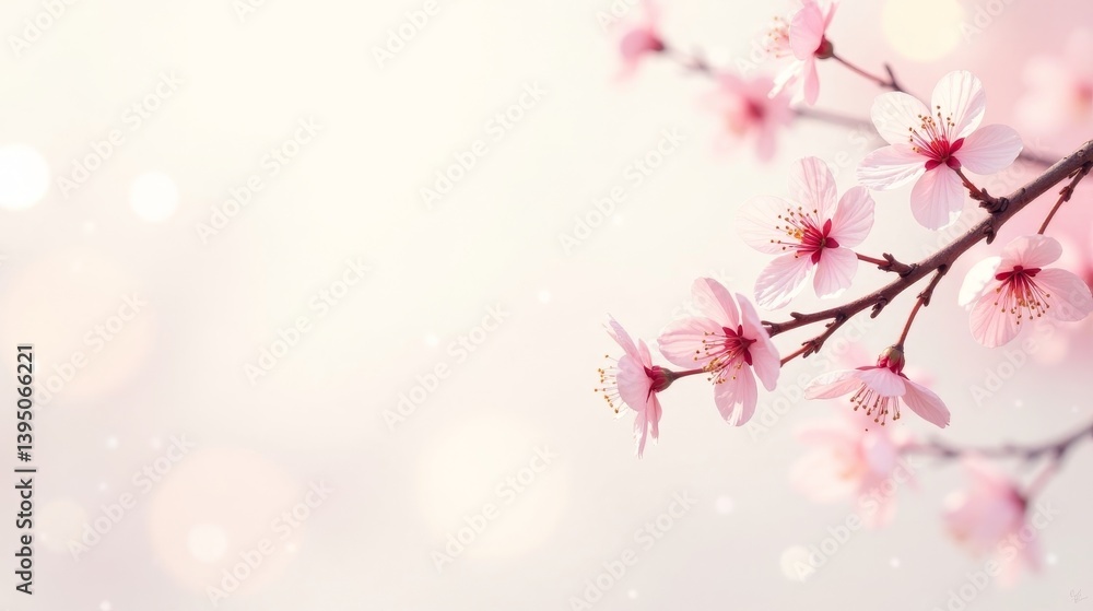 Fototapeta premium Delicate Pink Blossoms on a Branch, Soft Light Background, Springtime Floral Image