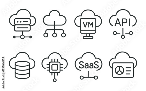 Cloud computing icons set: linear style for modern digital services representation