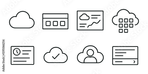 Cloud computing icons set: linear style for data management and networking projects