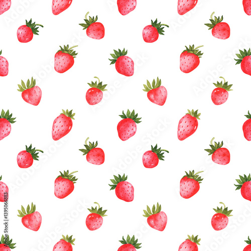 Red strawberry watercolor seamless pattern. Wild strawberries pattern. Berries background. Country style. Juicy ripe berries. Strawberry harvest. Spring, summer print. Digital paper.