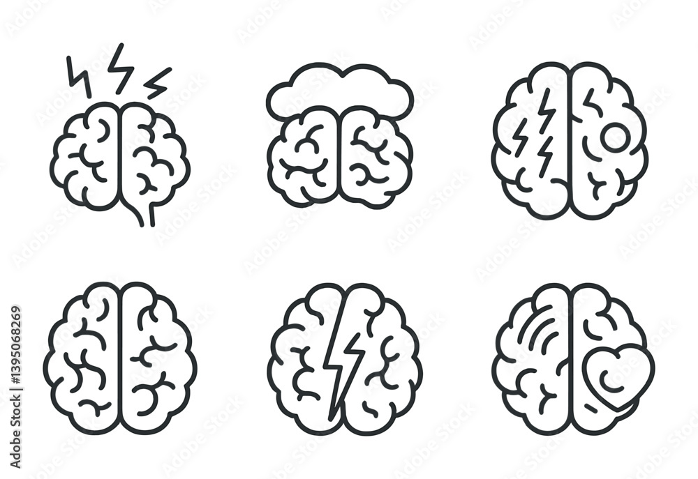 Set of 6 linear brain icons representing emotions and cognitive states Set of 6 linear brain icons representing emotions and cognitive states