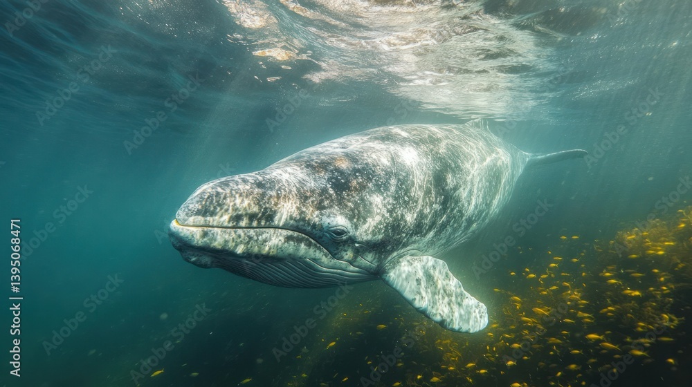 Naklejka premium A gentle gray whale swimming peacefully underwater, sunlight filtering through the surface, schools of small fish surrounding it. 