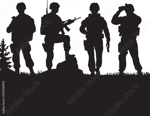 Silhouetted Soldiers Standing Guard In Military Operation