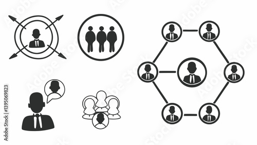 "Editable vector icons representing key aspects of networking: partnerships, community, social events, online profiles, and direct connections between users."