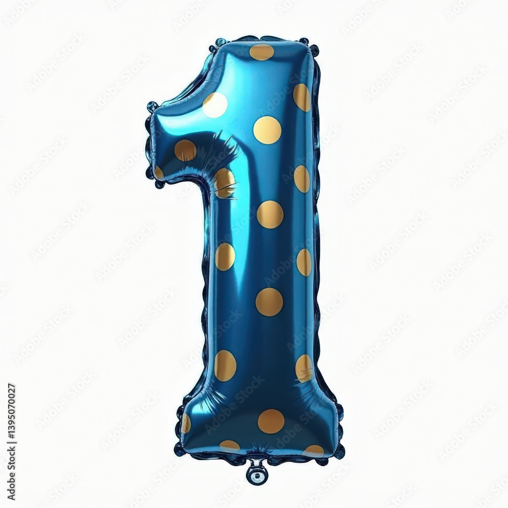 Shiny blue number one balloon with gold polka dots on a white background. Shiny blue number one balloon with gold polka dots on a white background.