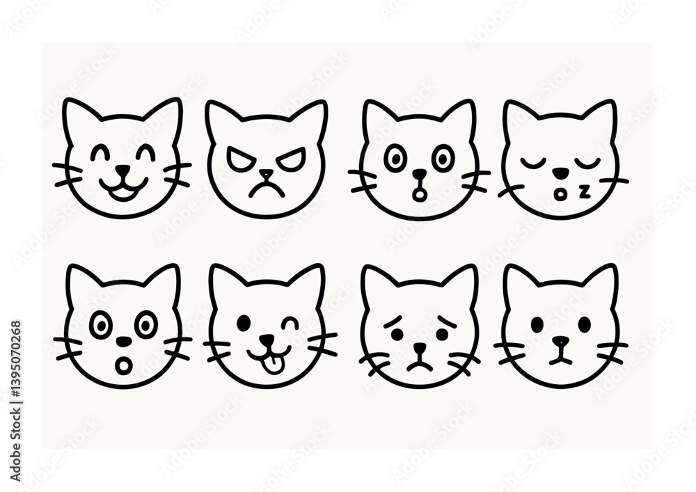 Cat emotions icons set: expressive feline faces in linear style