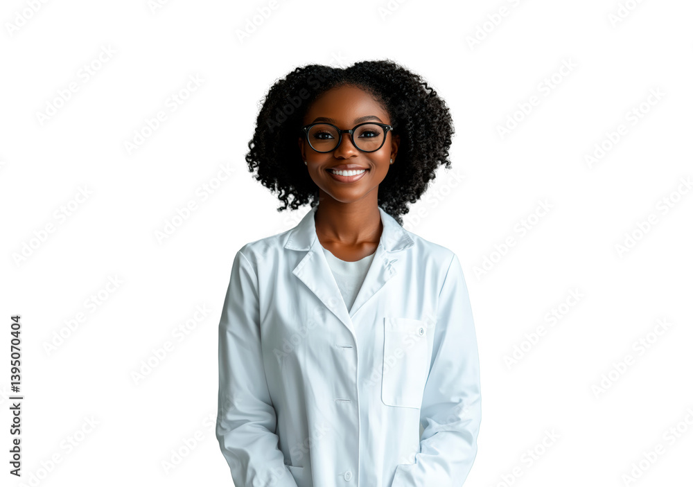 Smiling black woman doctor looking at the camera wearing a clinic uniform isolated on transparent background Smiling black woman doctor looking at the camera wearing a clinic uniform isolated on transparent background