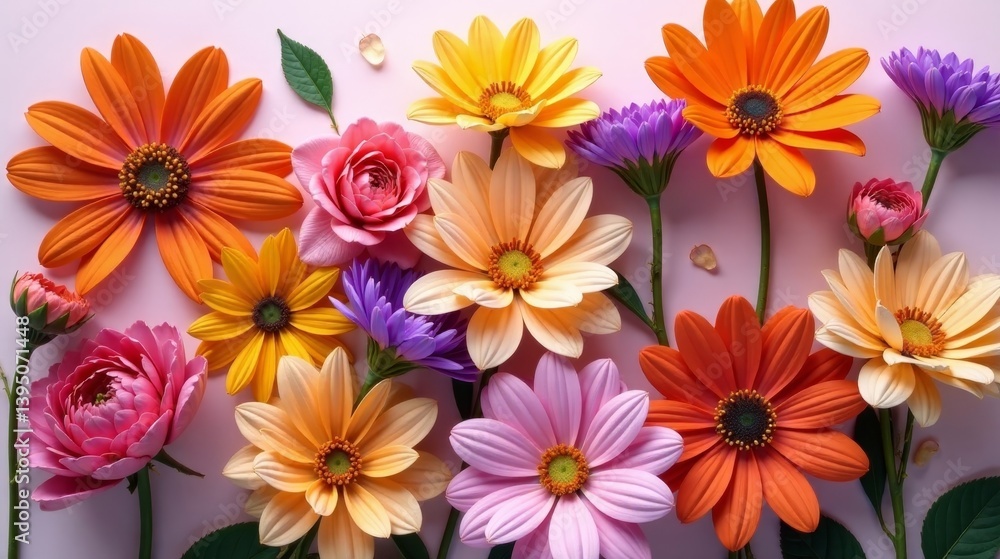 A vibrant arrangement of colorful blossoms, showcasing a delightful mix of daisy-like flowers and delicate roses, creating a cheerful and lively floral scene. A vibrant arrangement of colorful blossoms, showcasing a delightful mix of daisy-like flowers and delicate roses, creating a cheerful and lively floral scene.