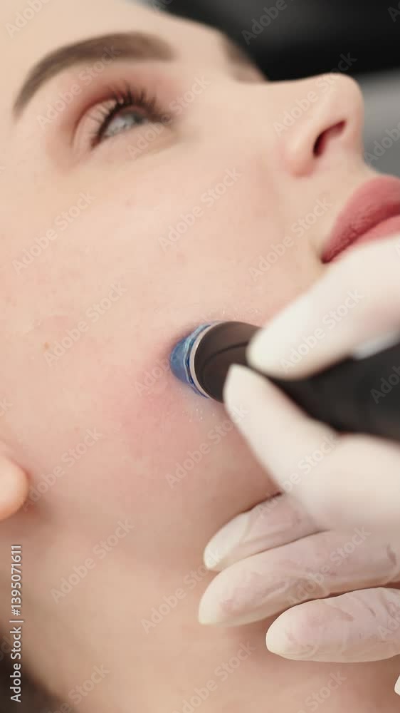 Vertical video. A woman receiving a hydrafacial treatment in a beauty salon. Concept of effective hydration and skin rejuvenation using modern technologies for the perfect facial care. Vertical video. A woman receiving a hydrafacial treatment in a beauty salon. Concept of effective hydration and skin rejuvenation using modern technologies for the perfect facial care.