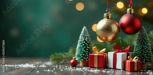 Glass Christmas ornaments suspended over tiny gift boxes under miniature pine trees, pine, box, branch