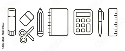 Essential school supplies icons set: linear style for educational projects