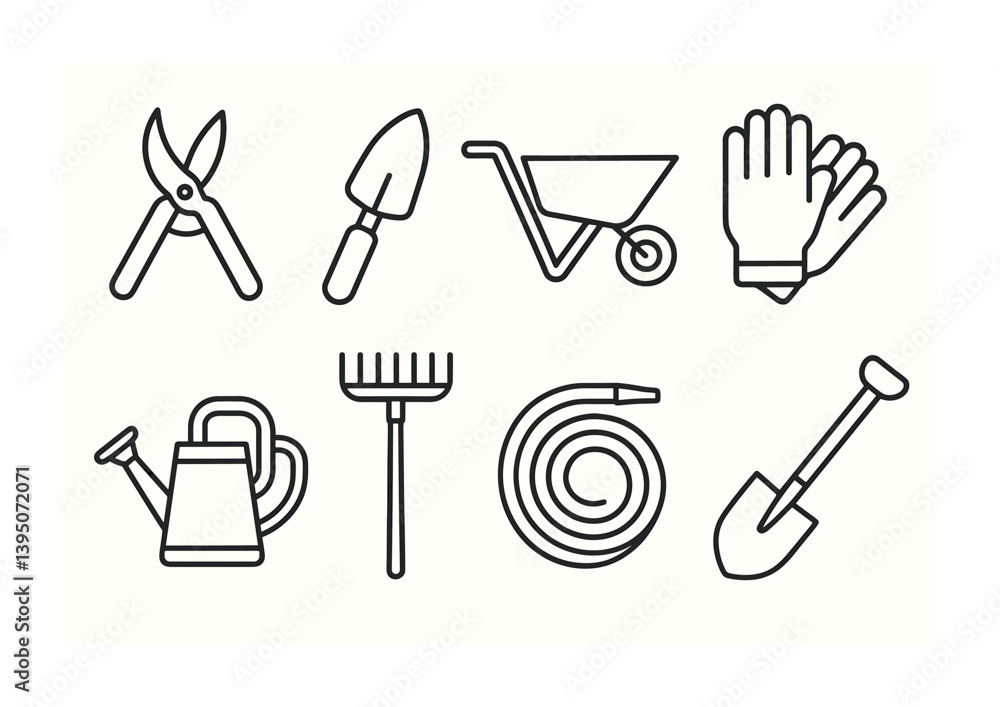 Garden tools linear icon set: pruning shears, trowel, wheelbarrow, gloves, watering can