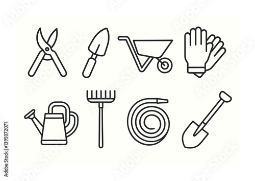 Obraz na płótnie Garden tools linear icon set: pruning shears, trowel, wheelbarrow, gloves, watering can w salonie