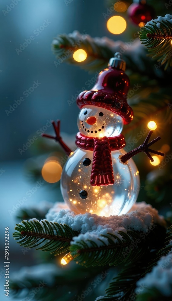 Obraz premium Glass snowman on pine tree branch with twinkling lights, twinkling lights, wintery scene, decorations