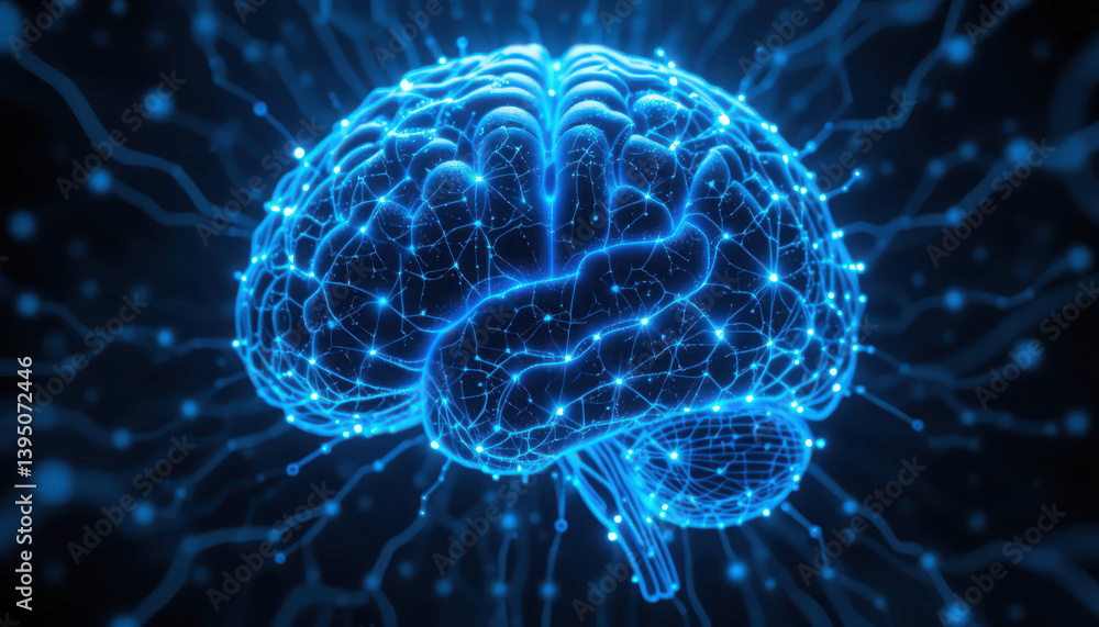 A glowing blue brain surrounded by interconnected lines and nodes, representing neural connections and advanced technology. A glowing blue brain surrounded by interconnected lines and nodes, representing neural connections and advanced technology.