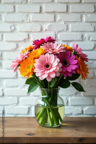 Glass vase filled with colorful flowers on a rustic wooden table against a white brick wall, decoration, color