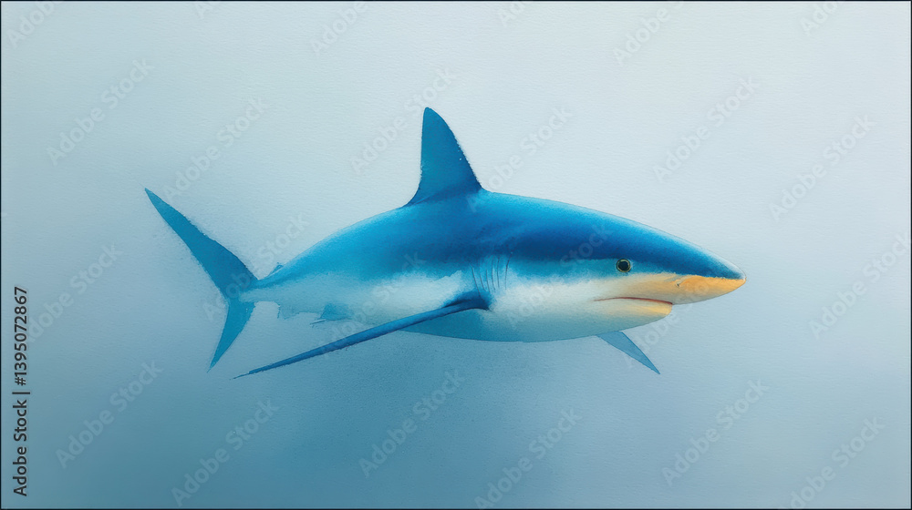 Obraz premium Sleek shark swims gracefully in clear blue water, showcasing its streamlined body and sharp fins