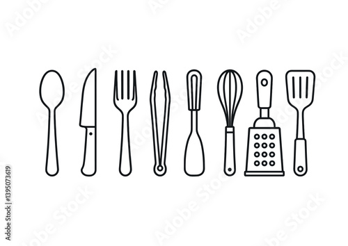 Minimalist linear kitchen tools icons set featuring essential cooking utensils
