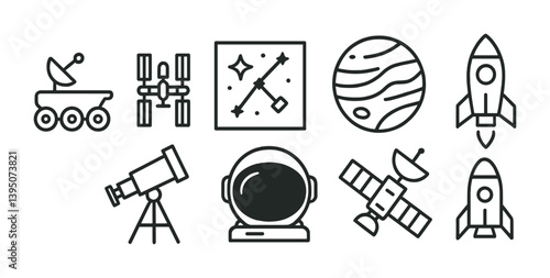 Space exploration icon set: linear style - rockets, planets, satellites, and more