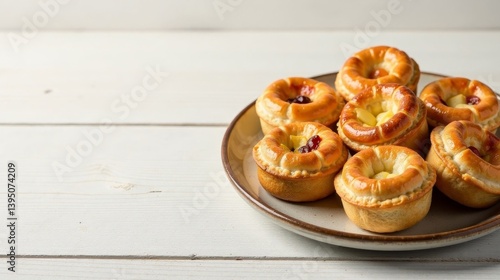 A delightful assortment of freshly baked mini pastries, featuring a variety of sweet fillings, artfully arranged on a rustic plate, rests on a clean white wooden surface.