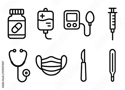 Essential medical icons set: flat design of healthcare tools and equipment