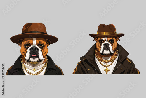 Two Cool Bulldog Portraits Wearing Hats and Gold Chains Illustration