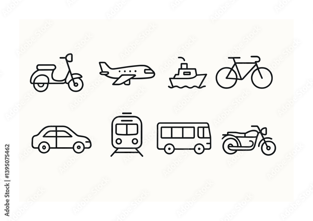 Fototapeta premium Transportation icons set - linear style featuring car, bicycle, airplane, and more
